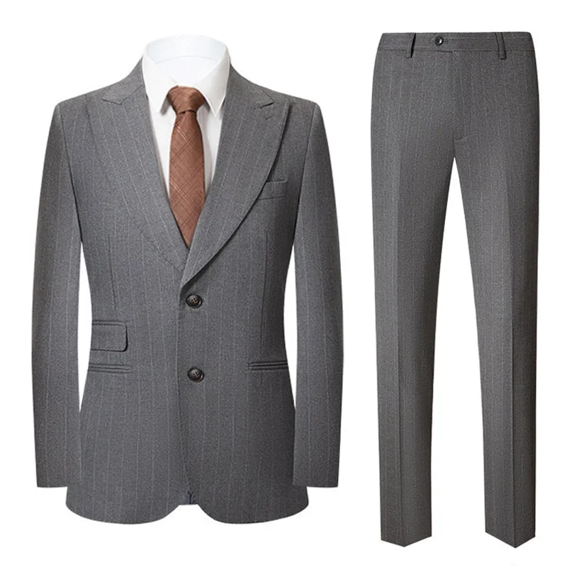 Men's tailored tuxedo for evening formal reception -Men's Classic Two Button Slim Fit 2-Piece Striped Gray Suits