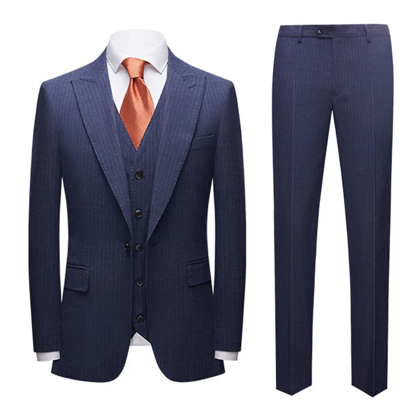 Men's tailored tuxedo for corporate office event -Men's 3-Piece Subtile Pinstripe Two Button Dark Navy Blue Suit