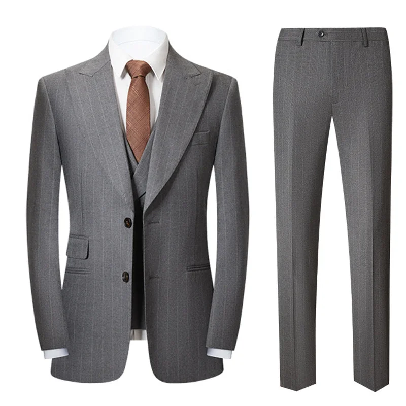 Men's designer tuxedo with satin lapels for business event -Men's 3-Piece Classic Pinstripe Two Button Gray Suit