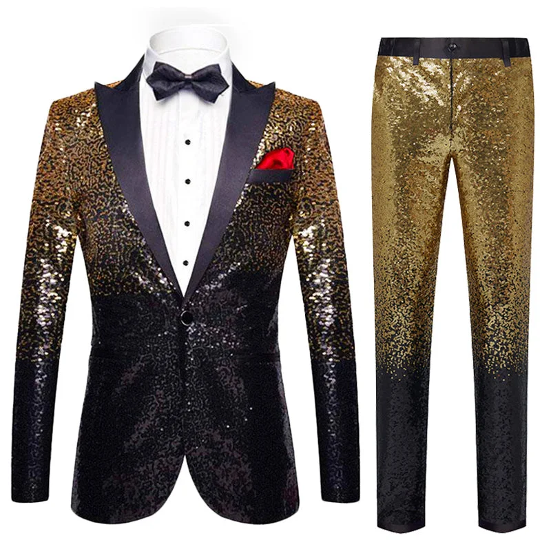 Men's luxury grey tuxedo jacket for wedding -Men's 2-Piece Gradient Sparkling Gold and Black Suit