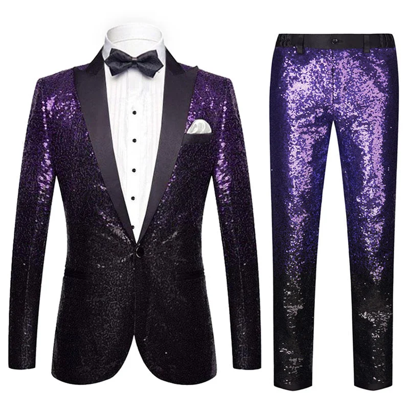 Men's slim fit tuxedo for business dinner party -Men's 2-Piece Gradient Sparkling Purple and Black Suit