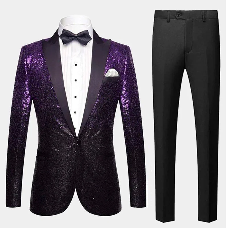 Men's formal tuxedo jacket for business gala event -Men's Shimmering Gradient Sequin Tuxedo Jacket Black Purple