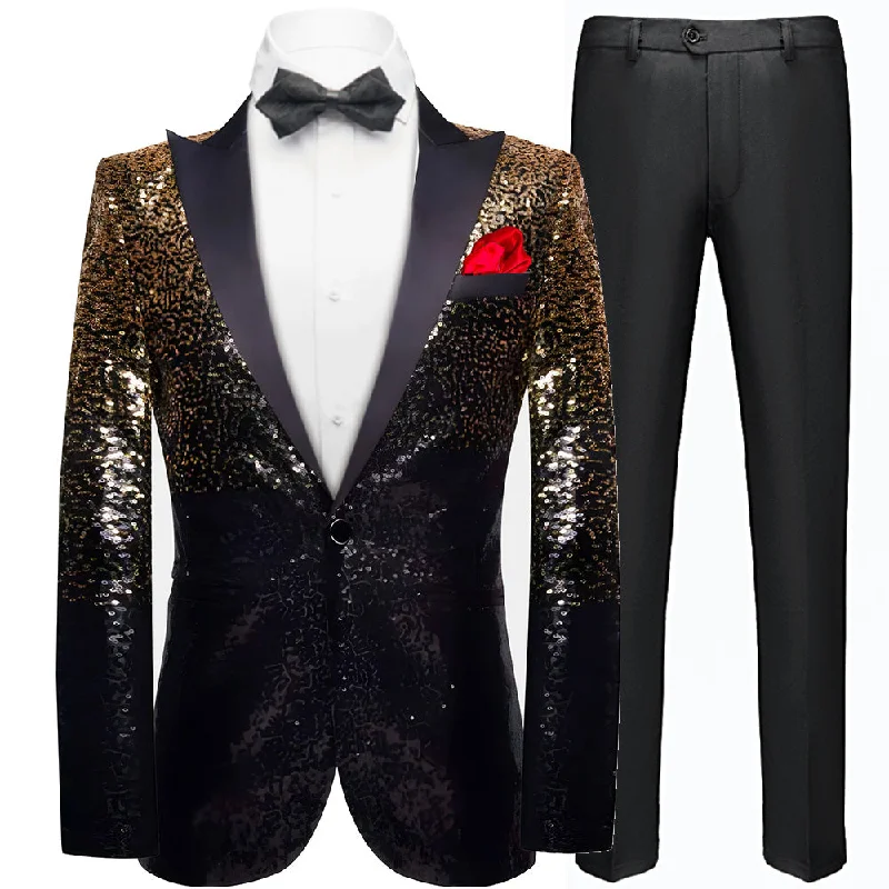 Men's slim fit tuxedo jacket for evening business party -Men's Shimmering Gradient Sequin Tuxedo Jacket Gold Black