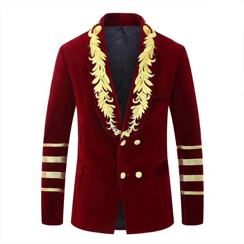 Men's premium tuxedo jacket with satin lapels for office -Men's Gold Floral Embroided Collar Court Style Burgundy Jacket