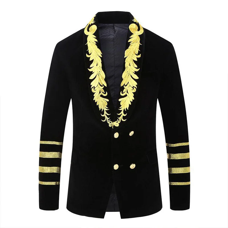 Men's designer tuxedo for black tie wedding -Men's Gold Floral Embroided Collar Court Style Black Jacket