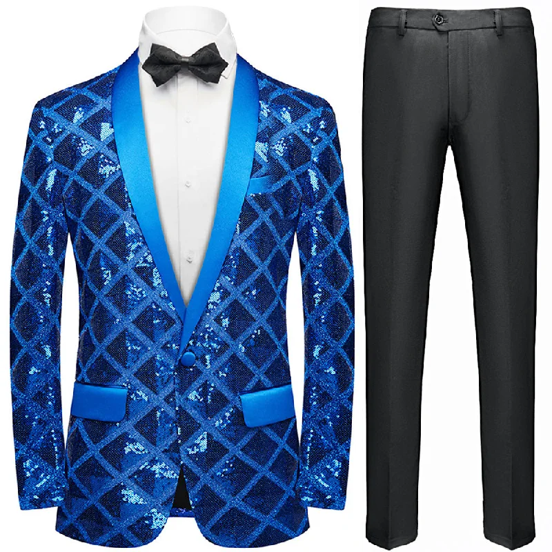 Men's classic tuxedo with satin finish for corporate event -Men's Shimmering Argyle Pattern Blue Tuxedo Jacket