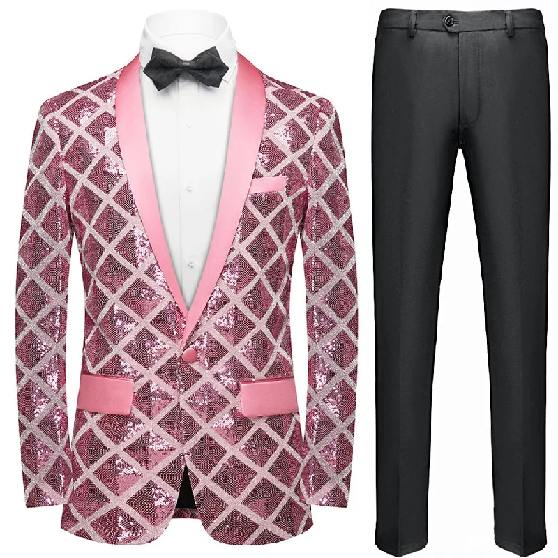 Men's tailored tuxedo for evening formal reception -Men's Shimmering Argyle Pattern Pink Tuxedo Jacket