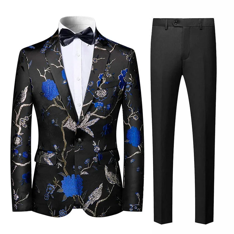 Men's luxury tuxedo for business formal event -Men's 2-Piece Large Collar Unique Blue Bird Embroidery Suit