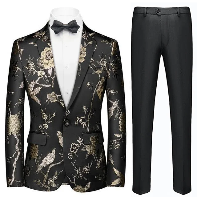 Men's business tuxedo for wedding reception -Men's 2-Piece Golden Birdsong Forest Embroidery Suit