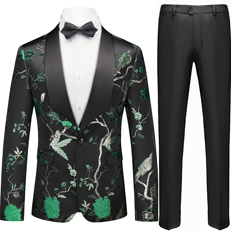 Men's premium tuxedo with satin collar for wedding party -Men's 2-Piece Forest Green Tuxedo Embroided Bird and Flower