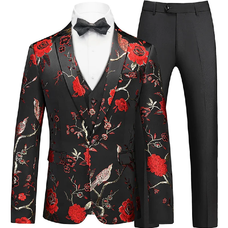 Men's modern tuxedo for evening gala -Men's 2-Piece Golden Red Birdsong Forest Embroidery Suit