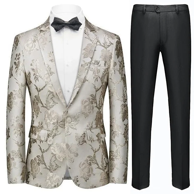 Men's designer tuxedo jacket for wedding dinner -Men's 2-Piece Silver Floral and Bird Jacquard White Tuxedo Suit