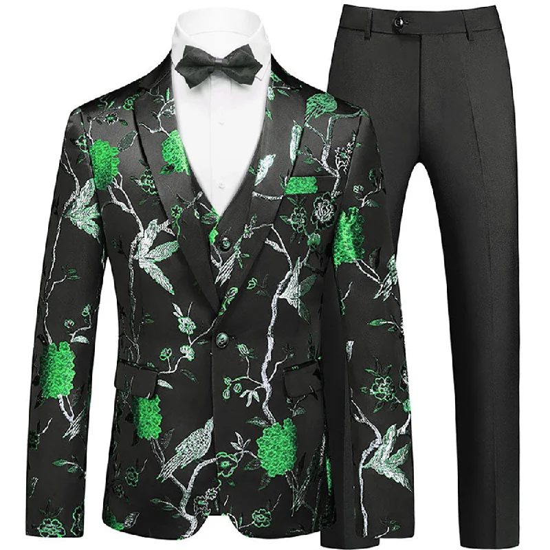 Men's formal tuxedo with satin collar for special event -Men's 2-Piece Forest Green Tuxedo Embroided Bird and Flower