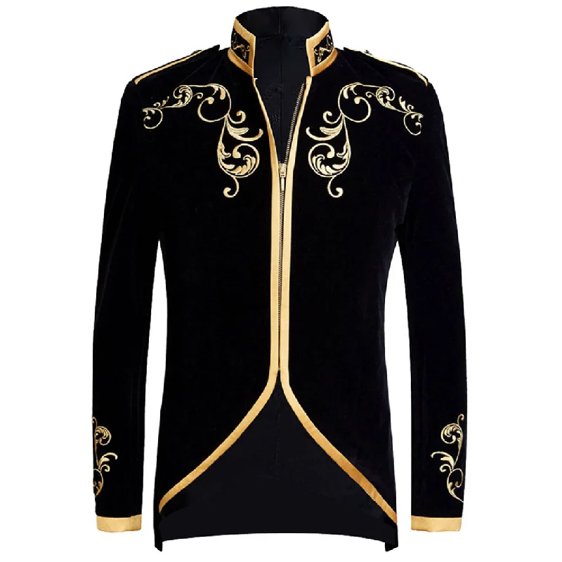 Men's slim fit tuxedo for black tie reception -Men's Damask Embroidery Court Madarin Collar Black Jacket with Zipper