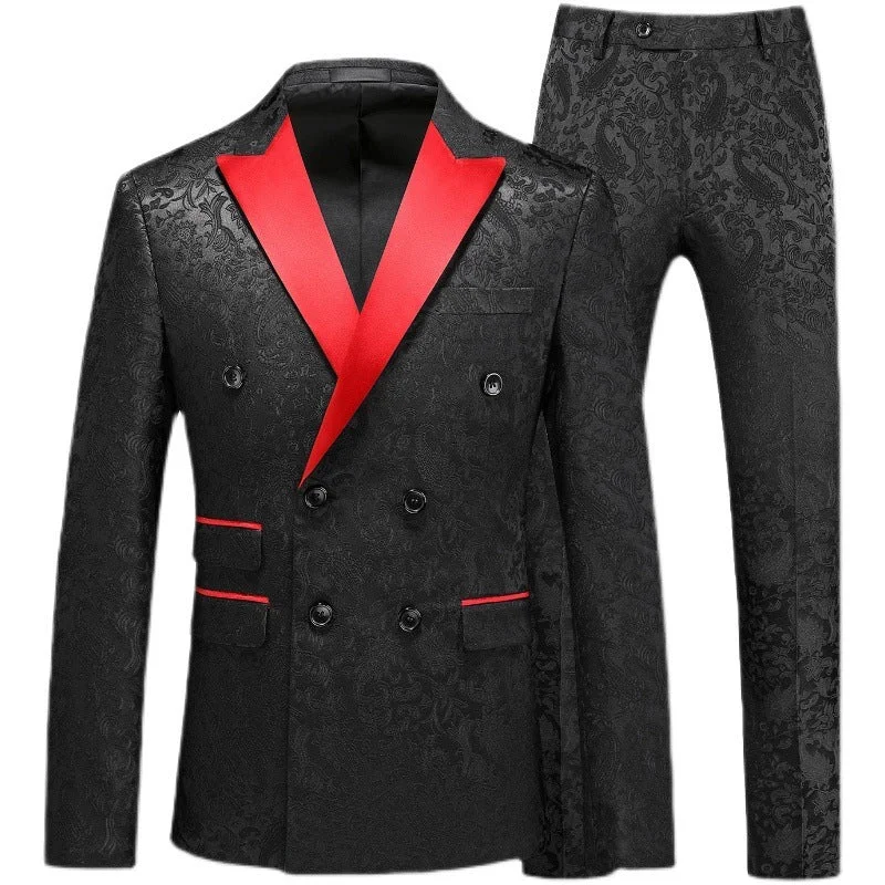 Men's modern tuxedo for wedding reception -Men's 3-Piece Jacquard Red Peak Lapel Double Breasted Black Tuxedo