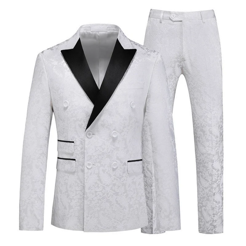 Men's classic tuxedo with satin collar for evening event -Men's 3-Piece Jacquard Peak Lapel Double Breasted White Tuxedo