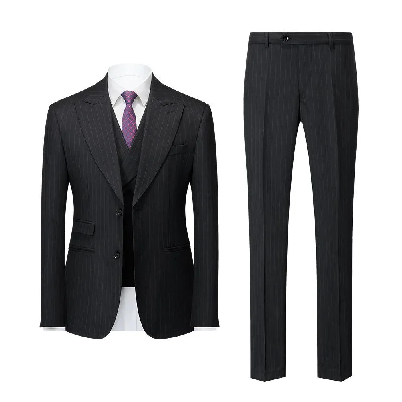 Men's tailored tuxedo jacket for special business party -Men's Peak Lapel 3-Piece Striped Two Button Black Suit