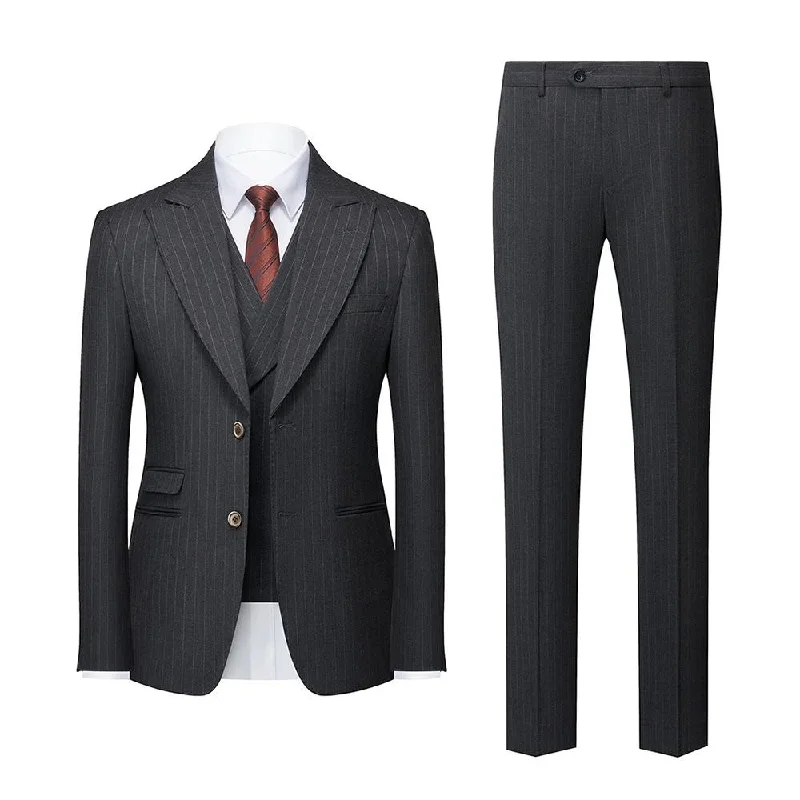 Men's slim fit tuxedo jacket for wedding reception -Men's Peak Lapel 3-Piece Striped Two Button Black Gray Suit