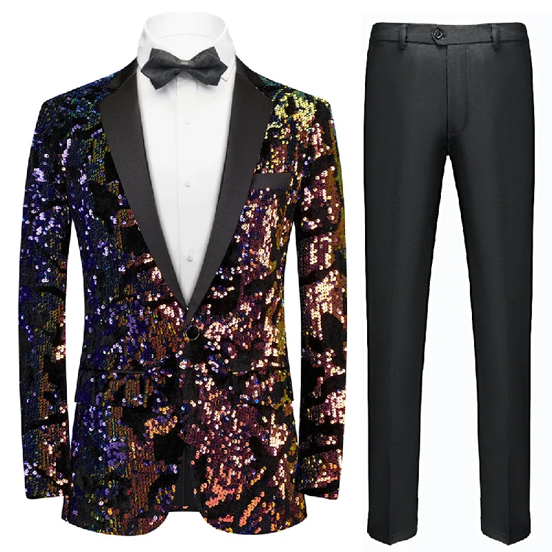 Men's business tuxedo jacket for evening event -Men's Fashion Full Sequin Embroidered Dark Purple and Black Blazer