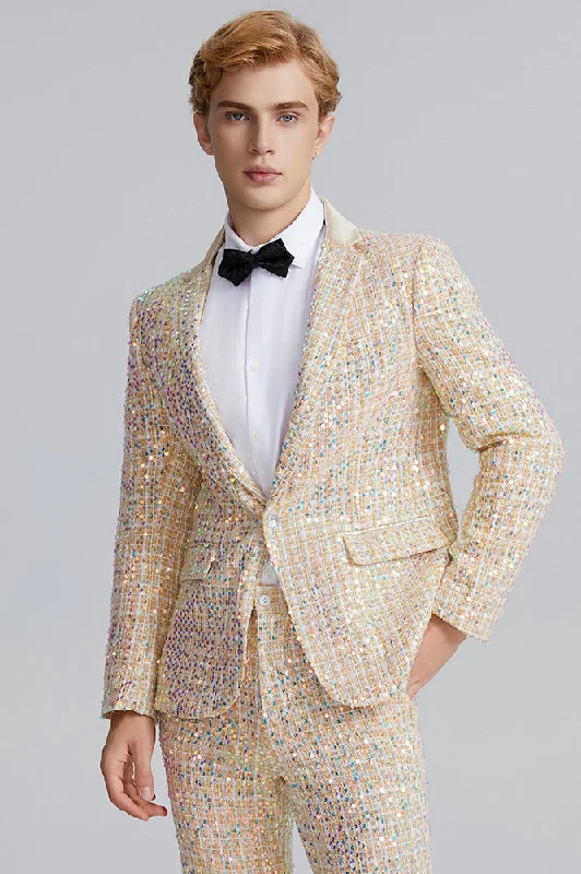 Men's designer tuxedo for office gala event -Men’s 2-Piece Linen Sparkle Gridline Champagne Suit