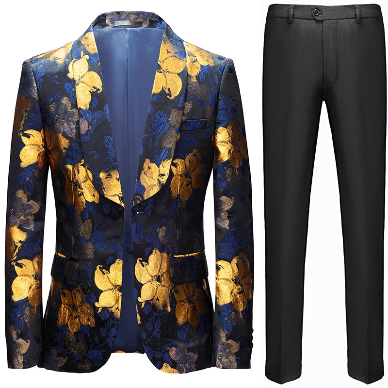 Men's wool tuxedo jacket for wedding dinner -Men's Oil Painting Style Gold and Blue Floral Embroidered Tuxedo