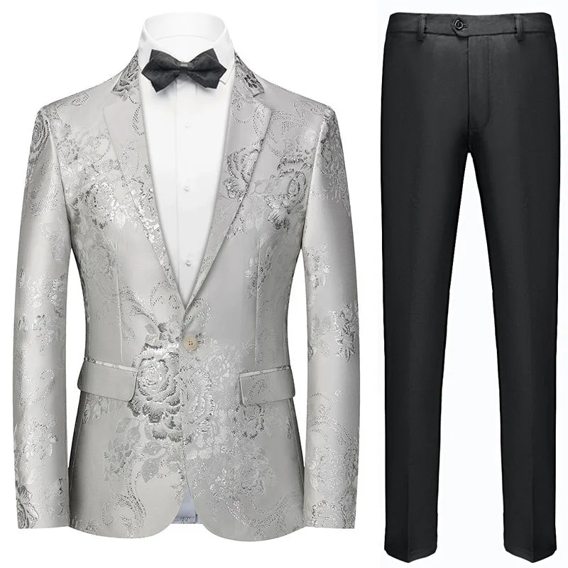 Men's slim fit tuxedo for evening event -Men's Peak Lapel One Button Jacquard Silver Tuxedo