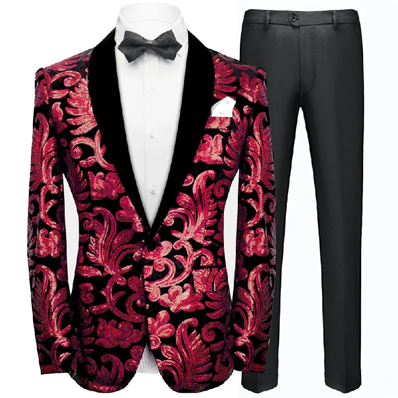 Men's luxury grey tuxedo jacket for office event -Men's Fashion Floral Velvet Sequin Jacket Red Tuxedo