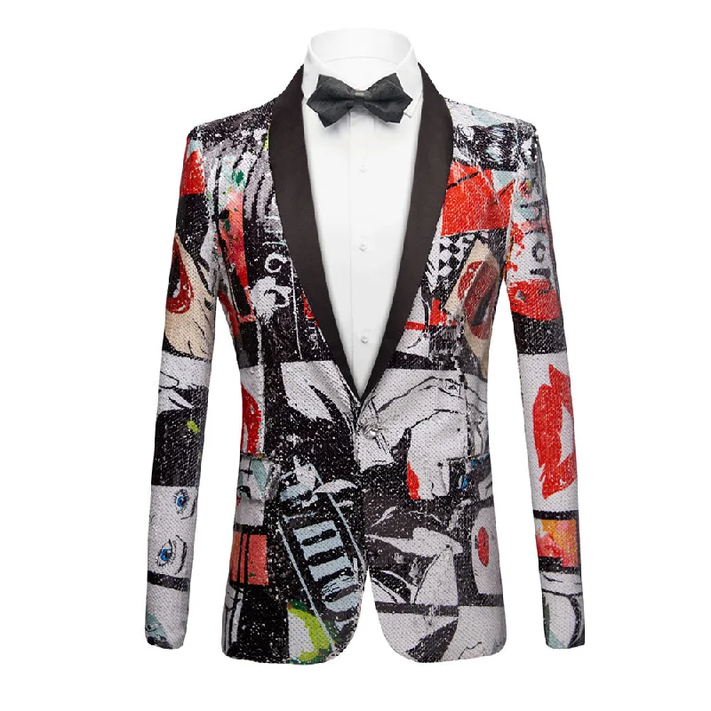 Men's tailored tuxedo for wedding reception party -Men's Fashion Portrait Graffiti Sequined Embroidered Jacket