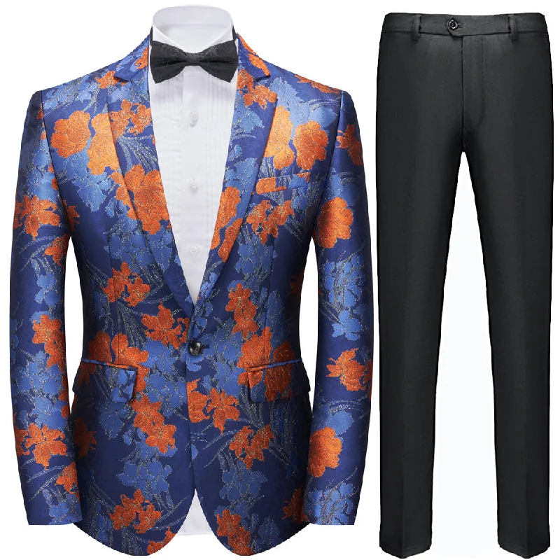 Men's designer tuxedo for black tie wedding -Men's Fashion Orange Flower Embroidered Royal Blue Tuxedo