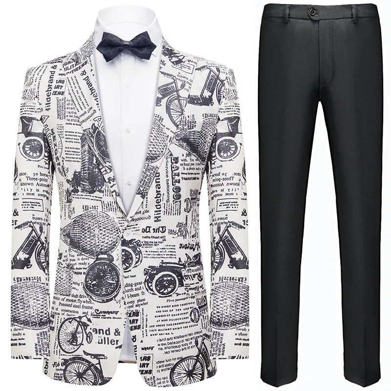 Men's slim fit tuxedo for black tie office event -Men's Fashion Newspaper Print Black and White Tuxedo