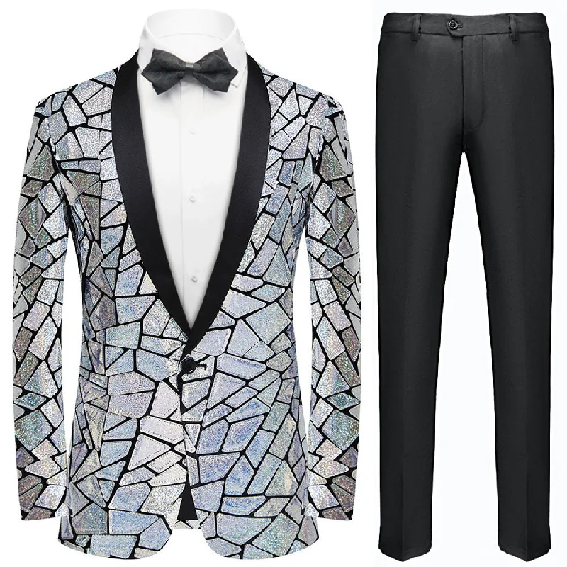 Men's classic tuxedo for evening dinner party -Men's Unique Mirrored Geometric Patchwork Silver Prom Suit