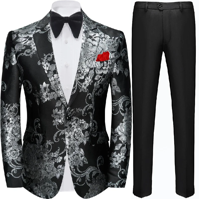 Men's wool tuxedo for corporate wedding event -Men's Fashion Silver Peony Jacquard Black Tuxedo Blazer