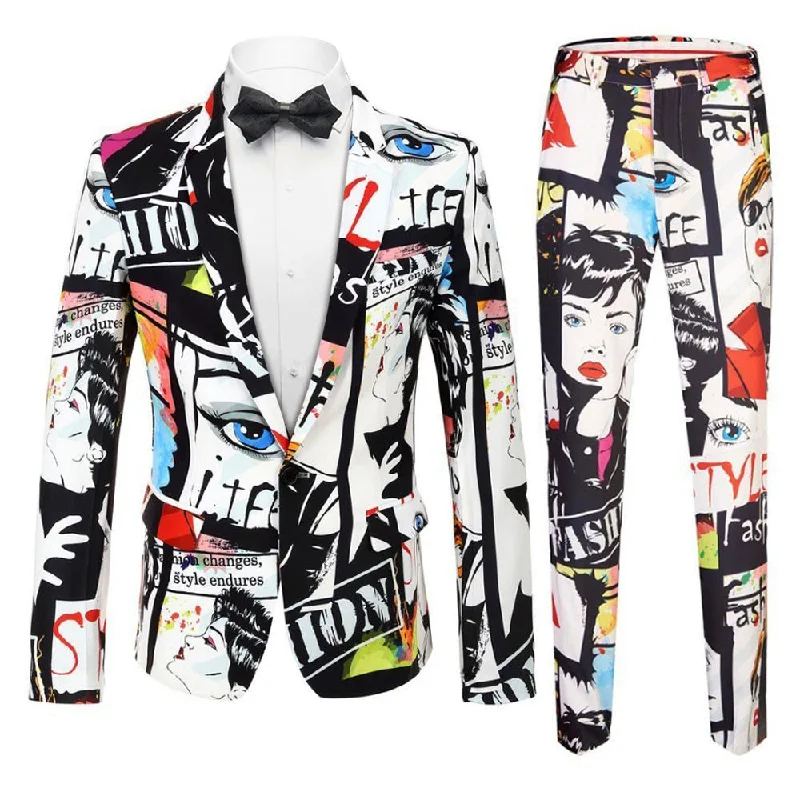 Men's luxury tuxedo jacket with satin collar for wedding -Men's 2-Piece Fashion Portrait Graffiti Print Casual Suit