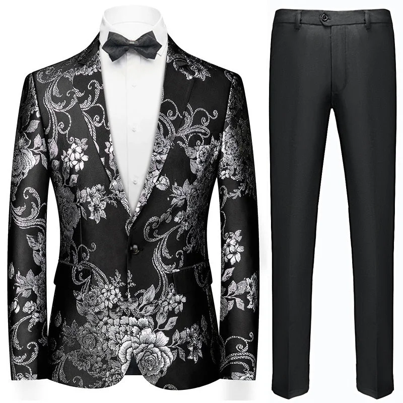 Men's luxury grey tuxedo jacket for office event -Men's Fashion Silver Peony Jacquard Black Blazer