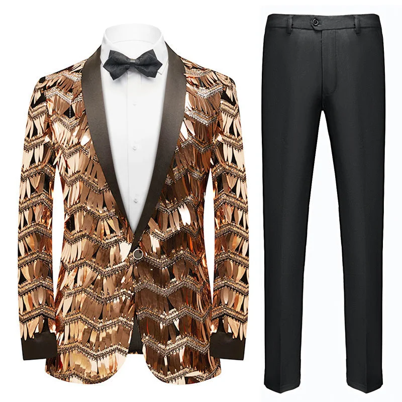 Men's modern tuxedo for wedding reception -Men's Fashion Fringed Sequin Tassels Rose Gold Tuxedo