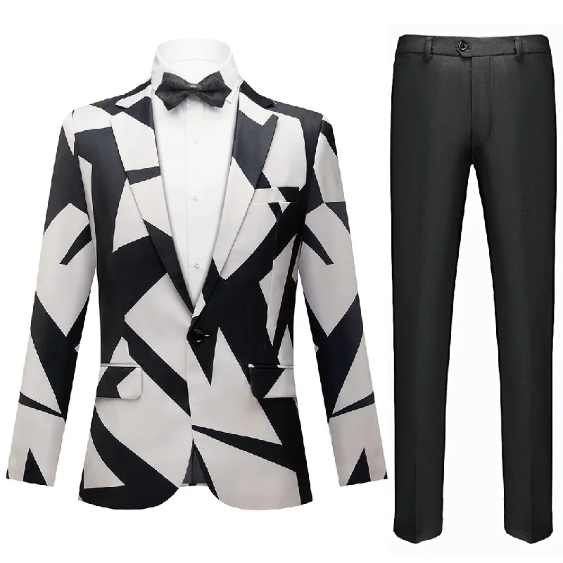 Men's business tuxedo jacket for wedding party -Men's Fashionable Geometric Printed Black and White Suit