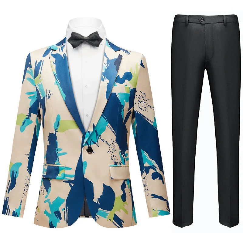 Men's slim fit tuxedo for black tie reception -Men's Fashionable Blue Graffiti Print Beige Blazer