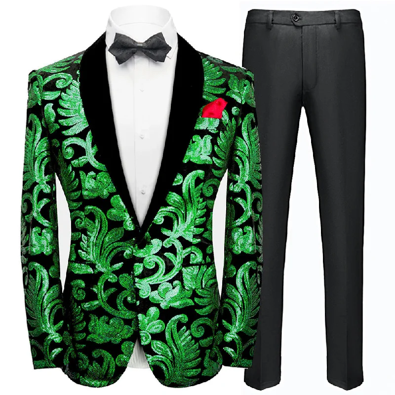 Men's wool tuxedo for evening gala -Men's Sparkle Floral Green Sequin Tuxedo Jacket