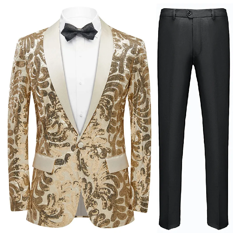 Men's slim fit tuxedo jacket for wedding dinner -Men's Exquisite Shawl Lapel Floral Sequin Champagne Tuxedo Jacket