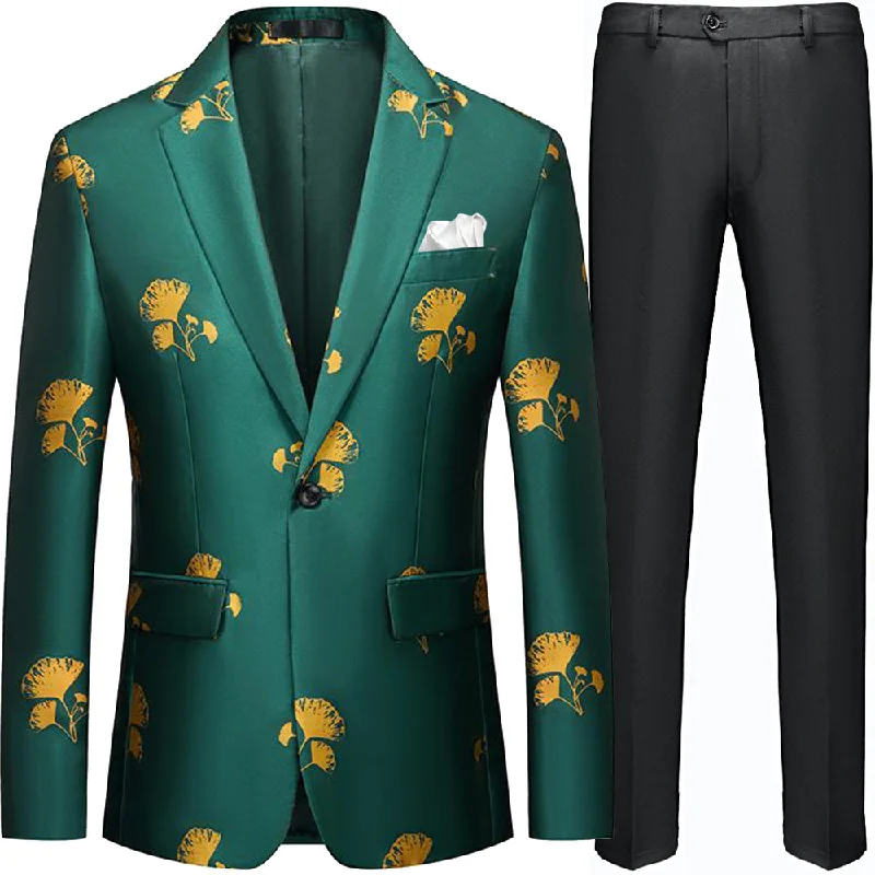 Men's formal tuxedo with satin collar for evening event -Men's Ginkgo Leaf Green Tuxedo Jacket