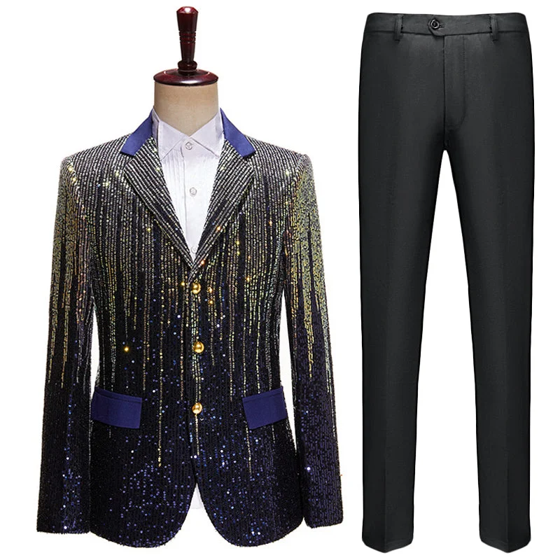 Men's designer tuxedo for office reception -Men's Gold Sequin Tassel Navy Blue Dinner Jacket for Stage