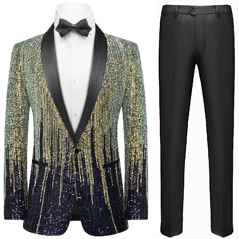 Men's slim fit tuxedo for corporate office party -Men's Full Sequin Gold Tassel Navy Blue Tuxedo Jacket for Stage