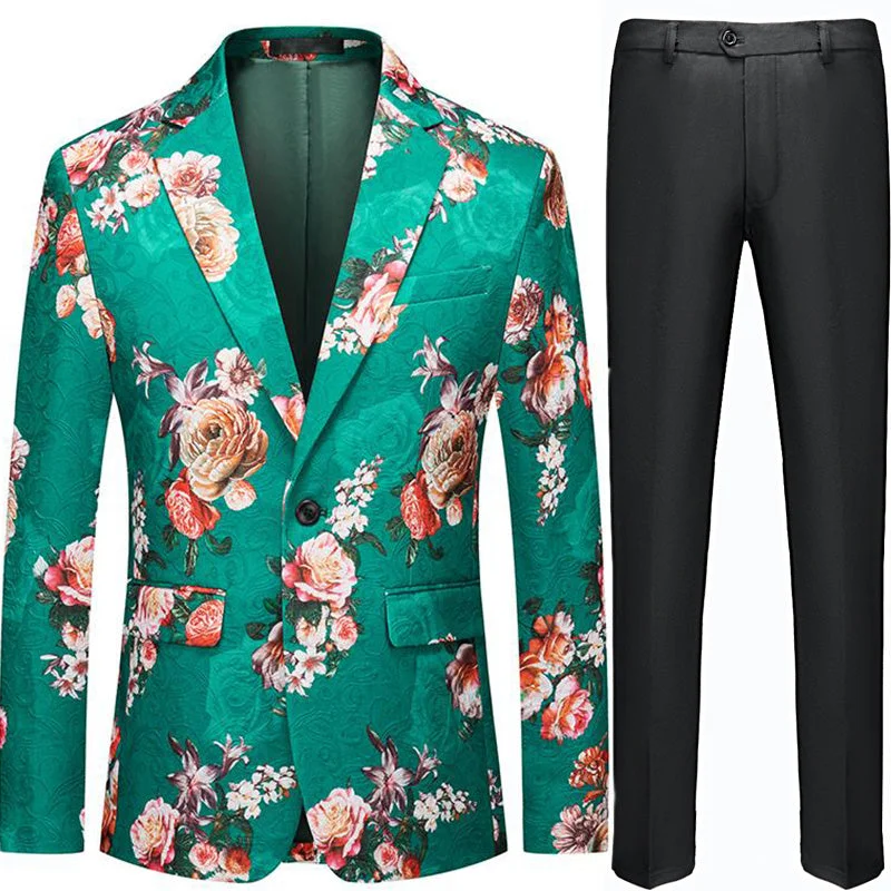 Men's slim fit tuxedo for office wedding dinner -Men's Multi-Color Floral Jacquard Green Tuxedo Jacket