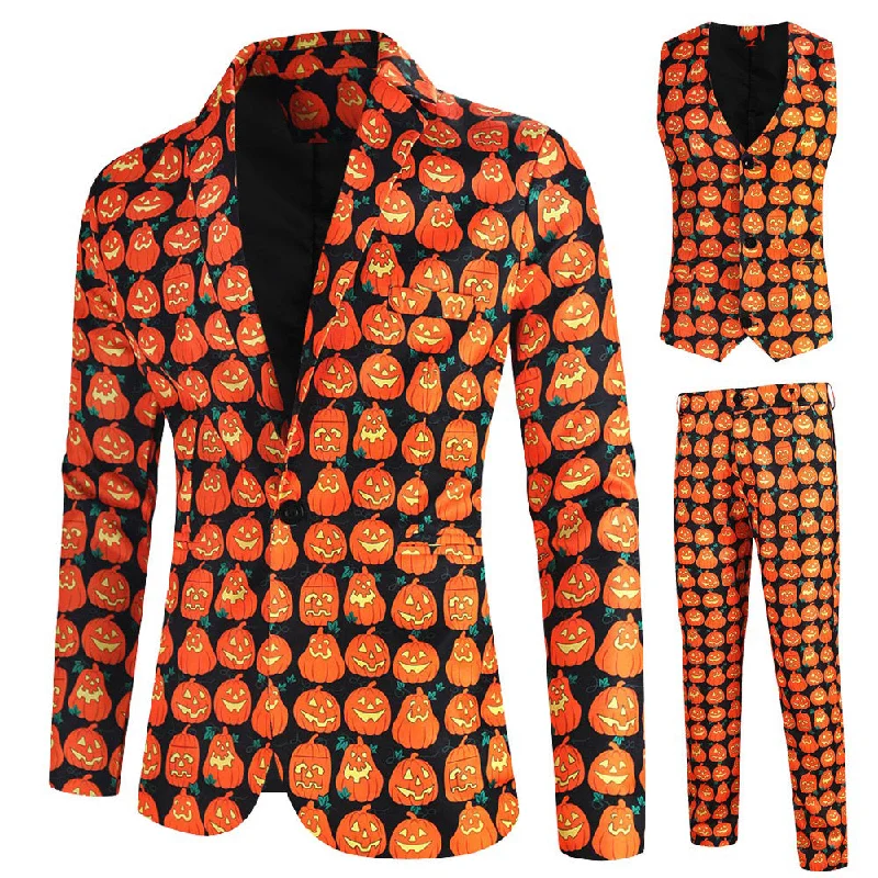 Men's premium tuxedo with satin collar for office dinner -Men's 3-Piece Halloween Funny Pumpkin Pattern Suit