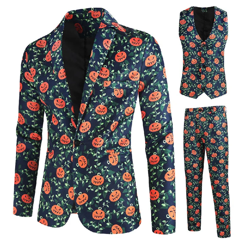 Men's premium tuxedo jacket for black tie office event -Men's 3-Piece Halloween Cute Pumpkin Pattern Suit