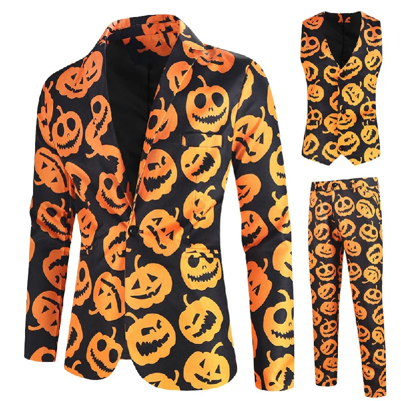 Men's formal tuxedo for corporate office party -Men's 3-Piece Halloween Spooky Pumpkin Pattern Suit