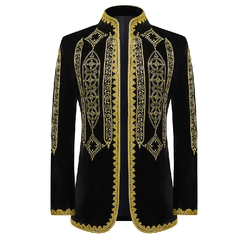 Men's tailored tuxedo jacket with satin collar for wedding -Men's Luxury Gold Embroided Court Style Black Tuxedo Jacket