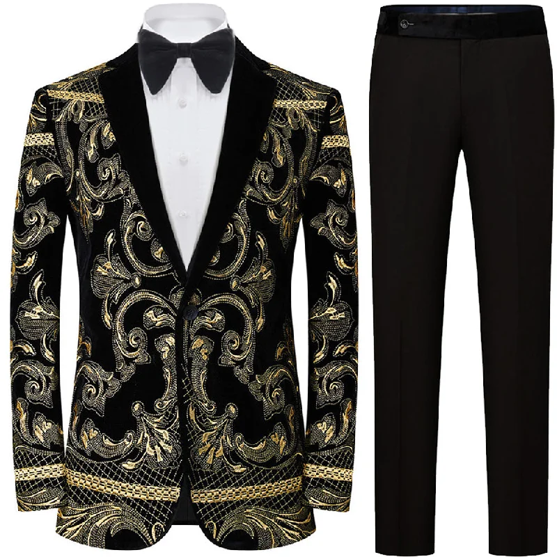 Men's premium tuxedo for black tie dinner -Men's Embroidered Gold Damask Black Tuxedo