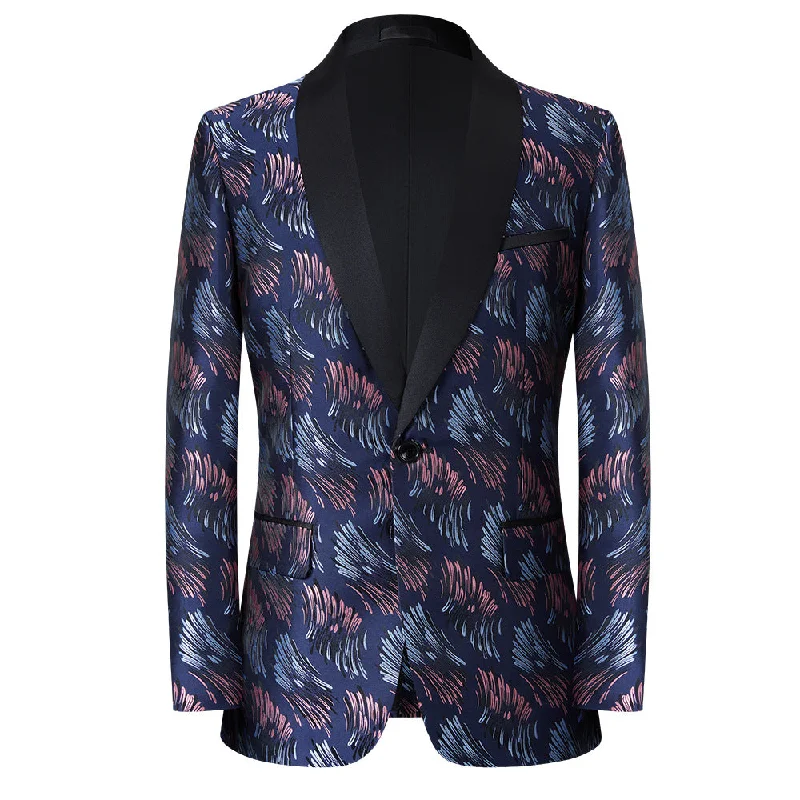 Men's luxury black tuxedo for formal reception -Men's Jacquard Embroidered Textured Digital Print Navy BlueTuxedo Jacket