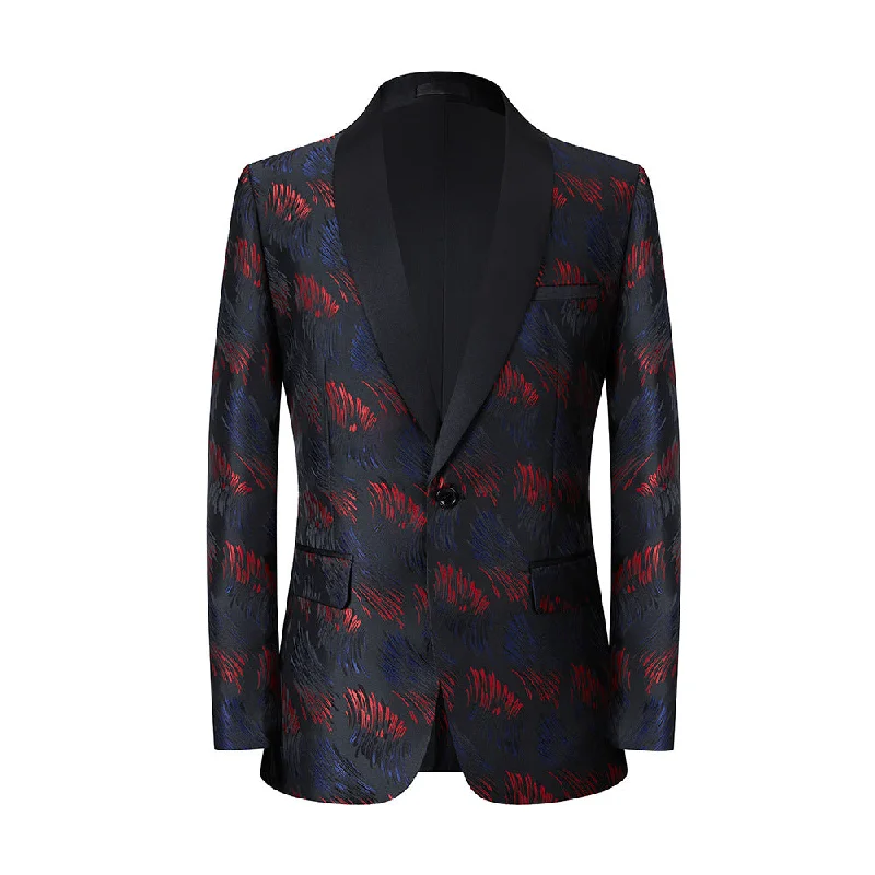 Men's luxury tuxedo for office gala dinner -Men's Jacquard Embroidered Textured Burgundy Digital Print Navy Blue Tuxedo Jacket